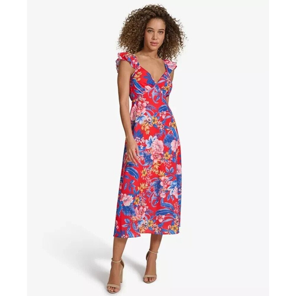 Siena Women's Floral Back-Cutout Ruffled Sleeveless Midi Dress Red Multicolor 6